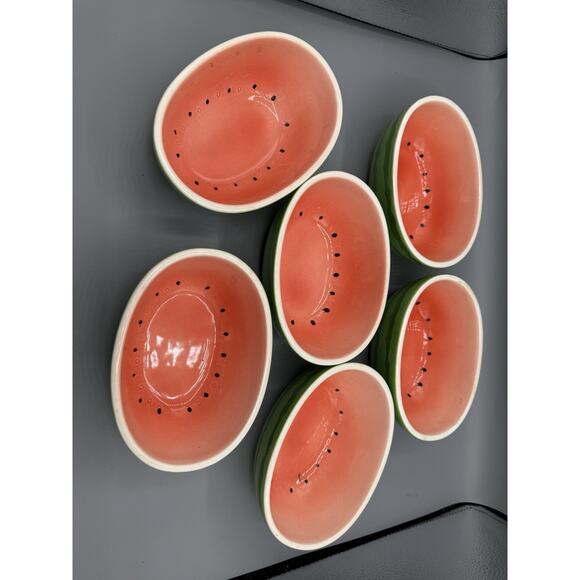 Vintage Watermelon Bowls Set of 6 Ceramic Oval Fruit Dessert Dayton’s Hudson’s - Picture 4 of 8